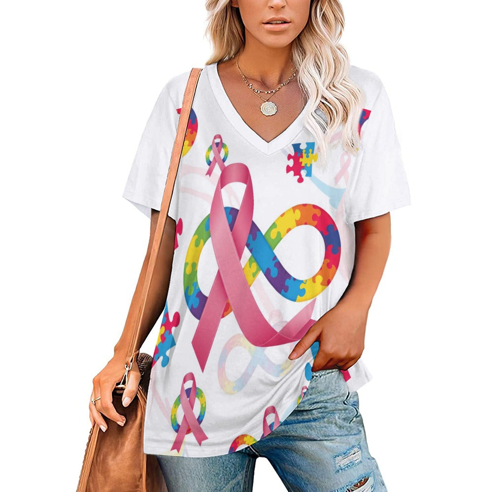 #375 New V Neck Autism/Breast Cancer Awareness Short-sleeve Women Shirt