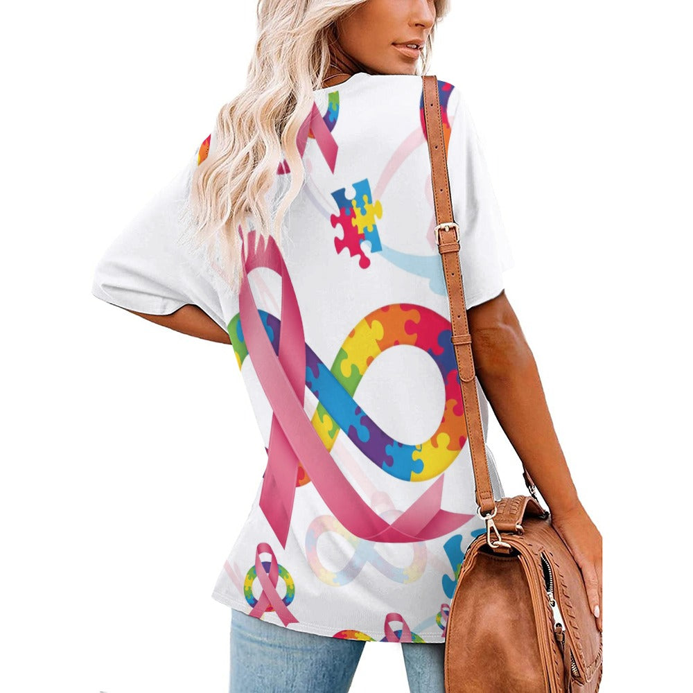 #375 New V Neck Autism/Breast Cancer Awareness Short-sleeve Women Shirt