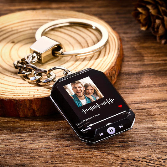 Custom Engraved Photo Music Keychain, Clear Crystal Pendant, Personalized Gift