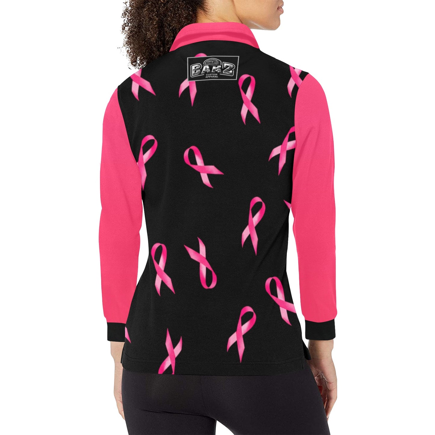 #350 Women's Breast Cancer Ribbon Long Sleeve Polo Shirt