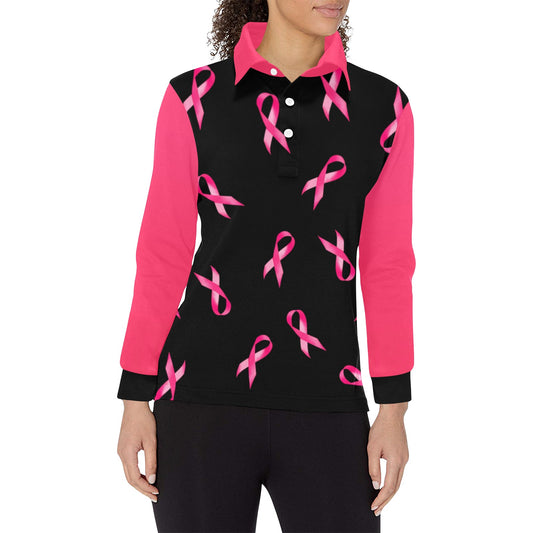 #350 Women's Breast Cancer Ribbon Long Sleeve Polo Shirt